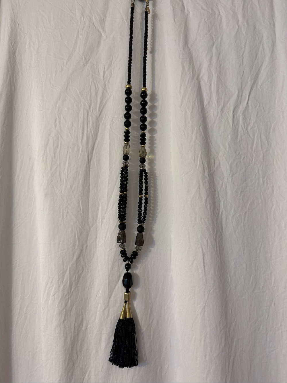 Chico’s Black Beaded Tassel Necklace - Women Jewelry, Long Line Classic.
